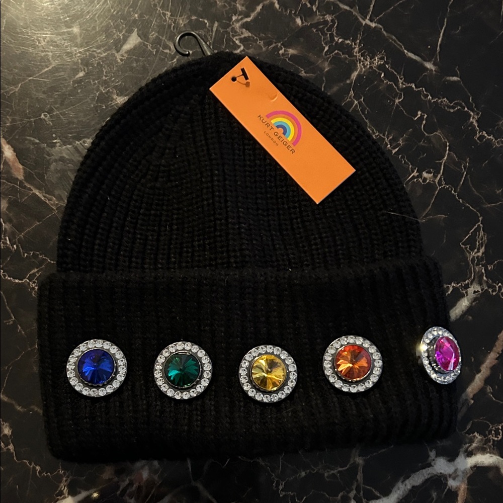 Kurt Geiger Black Beanie with Multicolor Gem Accents